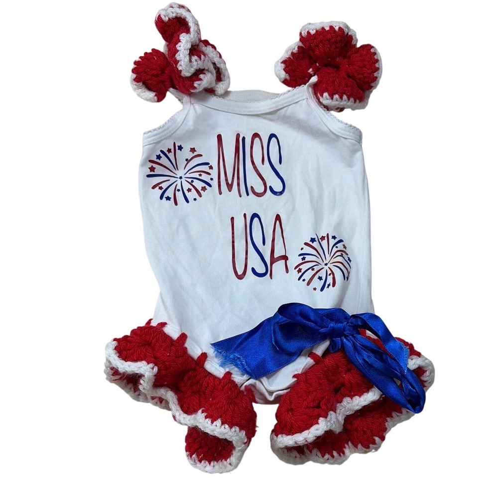 Feathers Baby Girl Miss USA Patriotic Crochet Ruffle Romper‎ 4th of July 3m